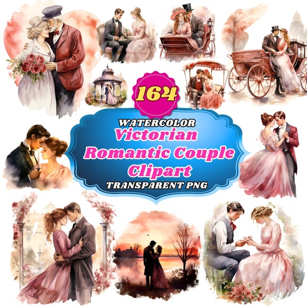 164 Victorian Romance Clipart: Valentine's Day Watercolor Couples - Antique Love Illustrations, Regency Era Digital Art