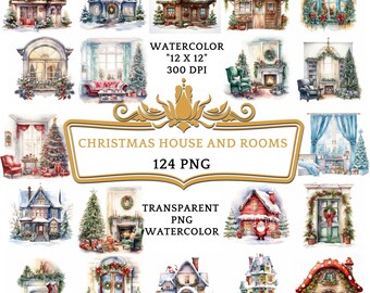 124 Watercolor Christmas House And Rooms Clipart | Christmas Rooms PNG Cliaprt Bundle | Christmas Decoration, Winter PNG, Digital Download