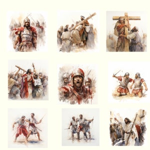 May include: Watercolor paintings depicting scenes from the Bible, including Roman soldiers and figures carrying a cross. The artwork features a muted color palette with red, brown, and beige tones, creating a historical and dramatic feel.