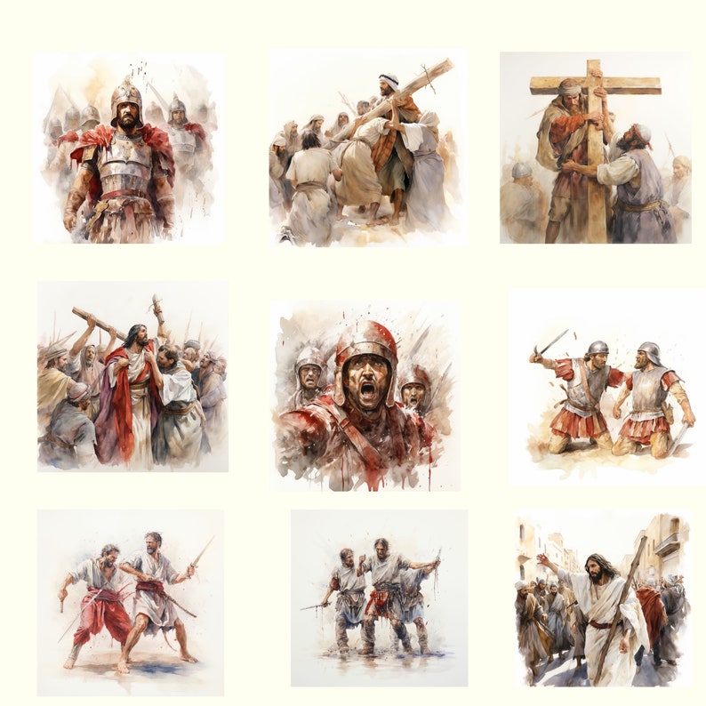 May include: Watercolor paintings depicting scenes from the Bible, including Roman soldiers and figures carrying a cross. The artwork features a muted color palette with red, brown, and beige tones, creating a historical and dramatic feel.
