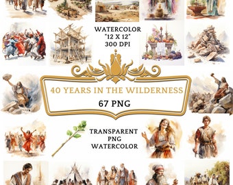 67 acquerelli 40 anni nel deserto Clip Art / storia basata sulla Bibbia religiosa cristiana per scrapbooking, diario spazzatura o stampa digitale