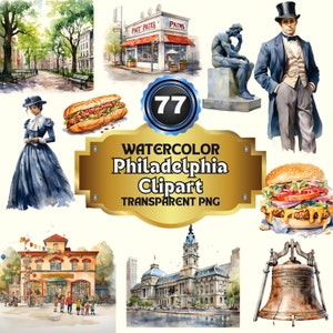77 Watercolor Philadelphia Clipart, Printable California PNG Images, Travel Itinerary Art Prints, USA-Themed Junk Journal and Handmade SVG