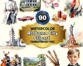 90 Watercolor Alabama Clipart Bundle, Printable Alabama PNG for Travel Itineraries, Art Prints, USA-Themed Junk Journals, Handmade Crafts