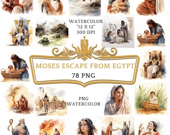 78 PNG Watercolor Moses Escape from Egypt Clip Art | Christian Religious Bible Based Story For Scrapbooking, Junk journal Or Digital Print