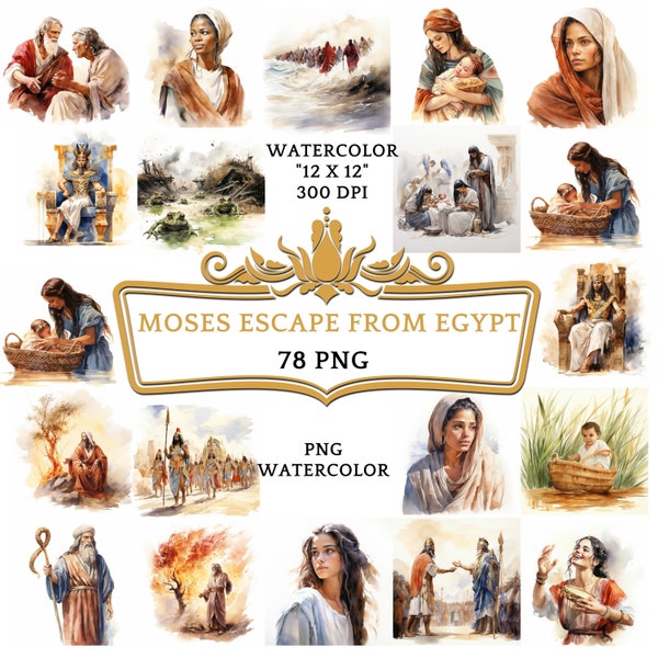 78 PNG Watercolor Moses Escape from Egypt Clip Art | Christian Religious Bible Based Story For Scrapbooking, Junk journal Or Digital Print