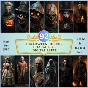 92 Halloween Horror Characters Digital Paper | Evil Characters, Halloween Scenes, Creepy Scary Pages, Download Junk Journal, Scrapbooking,