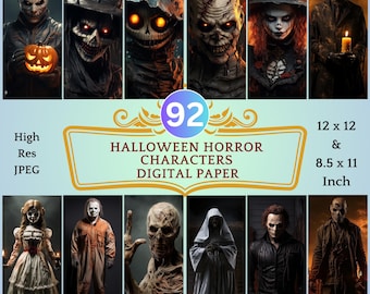 92 Halloween Horror Characters Digital Paper | Evil Characters, Halloween Scenes, Creepy Scary Pages, Download Junk Journal, Scrapbooking,