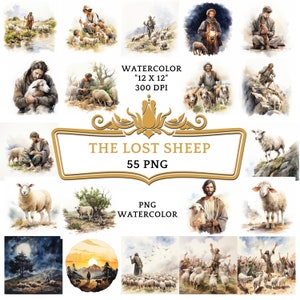 55 PNG Watercolor The Lost Sheep Clip Art, Christian Religious Bible Based Story For Sublimation, Scrapbooking Junk journal Or Digital Print