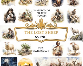 55 PNG Watercolor The Lost Sheep Clip Art, Christian Religious Bible Based Story For Sublimation, Scrapbooking Junk journal Or Digital Print