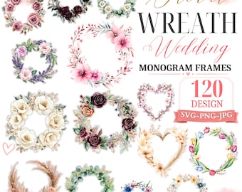 120x Floral Wreath SVG Bundle, Botanical Monogram Frame Cut Files, Wedding Laurel Border PNG, JPG, Split Letter Clipart Vector