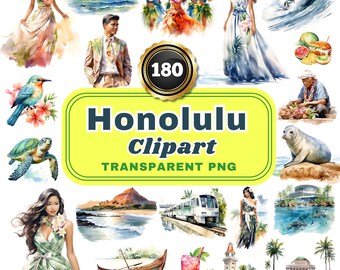 180 Watercolor Honolulu PNG Clipart, Tropical Paradise Scenic Views and Cultural Icons for Art, Decor & Educational Projects