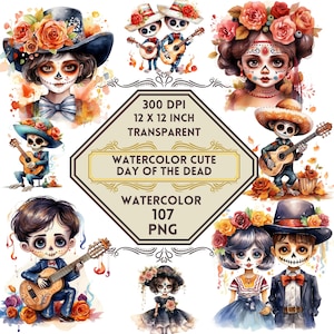 107 Watercolor Cute Day of the Dead Clipart | Cute Dolls La Catrina PNG For Commercial Use - Mexican Cute Halloween Design set, Sugar Skulls
