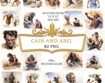 82 Watercolor Cain and Abel Clip Art | Christian Religious Bible Based Story For Sublimation Scrapbooking, Junk journal Or Digital Printing