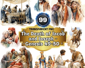 Puede incluir: Una colección de ilustraciones en acuarela que representan escenas de la Biblia, incluyendo la muerte de Jacob y José. Las imágenes presentan figuras con vestimenta antigua, con el texto "The Death of Jacob and Joseph - Genesis 49-50" y una insignia "99".