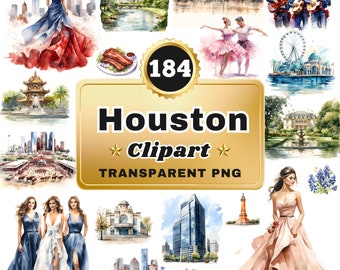 184 Watercolor Houston PNG Clipart, Vibrant Houston Iconic Cityscapes and Cultural Landmarks for Art, Decor & Educational Projects