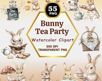 55 Bunny Tea Party Clipart, Watercolor Easter Rabbit PNG, Storybook Teacup Illustration, Spring Garden Party, 12X12 inch