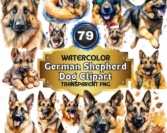 79 Watercolor German Shepherd Cliparts, Noble Canines Collection: Realistic and Majestic Dog Illustrations for Pet Lovers, Art, and Decor
