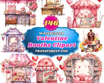 146 Watercolor Valentine Booths Clipart - Love Stands PNG Collection, Charming Kiosks and Stalls for Romantic Scenes and Crafts