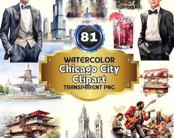 81 Watercolour Chicago Clipart Bundle | Printable Illinois PNG for Travel Itineraries, Art Prints, USA-Themed Junk Journals, Handmade Crafts