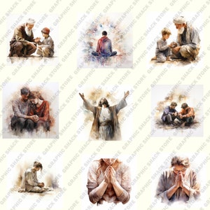 May include: A collection of nine watercolour paintings depicting various scenes of faith and spirituality. The paintings feature figures in prayer, meditation, and acts of kindness.