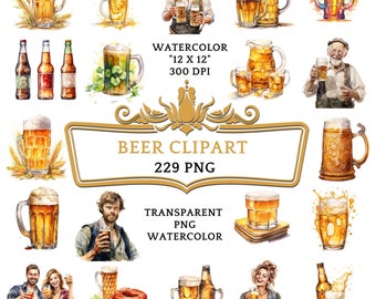 229 Watercolor Beer Clipart,  Featuring Lager, Ale, and More, Printable PNG Images, Instant Digital Download for Label Making Commercial Use