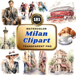 181 Watercolor Milan Clipart PNG Bundle, Italian Elegance Chic & Sophisticated Cityscape Illustrations for Fashionable Decor, Art Projects