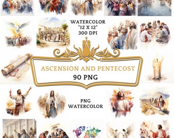 90 Watercolor Ascension and Pentecost Clipart| Christian Religious Bible Based Story For Sublimation, Scrapbooking Or Digital Printing