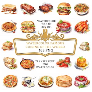 May include: A collection of 165 watercolor illustrations of famous cuisine from around the world. The illustrations are in a transparent PNG format and are 12 inches by 12 inches at 300 DPI.