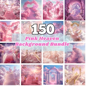 May include: A collage of 12 images featuring pink and white clouds, stairs, and gates leading to a pink heaven. The text "150 Pink Heaven Background Bundle" is superimposed on the images.