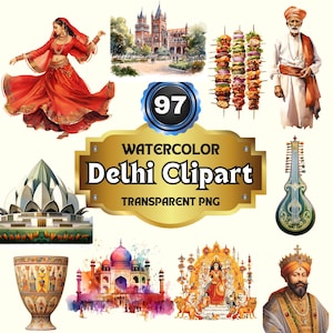 84 aquarel Delhi PNG clipart bundel| Indiase monumenten, reisvakantie vakantie digitale print, transparante achtergrond voor commercieel gebruik