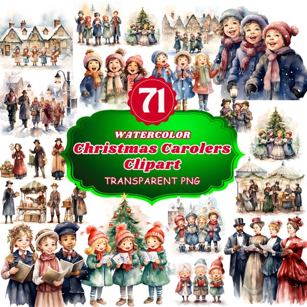 71 Christmas Carolers and Chords Watercolor Clipart Set - High-Resolution PNG, Instant Digital Download for Card Making and Scrapbooking