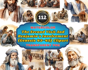 112 Watercolor The Second Visit And Benjamin's Involvement (Genesis 43-45) PNG Clipart, Biblical Reunion for Educational & Artistic Projects