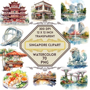 70 aquarel Singapore PNG ClipArt-bundel, skyline van de stad Singapore, Marina Bay Sands, Gardens by the Bay, Singaporees eten, Merlion Park Art