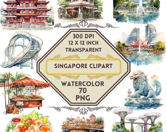 70 Watercolor Singapore PNG ClipArt Bundle, Singapore City Skyline, Marina Bay Sands, Gardens by the Bay, Singaporean Food, Merlion Park Art