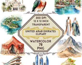 78 aquarel Verenigde Arabische Emiraten PNG ClipArt bundel, VAE zomerreizen, bezienswaardigheid illustraties, vakantie Dubai, droom reizen clipart