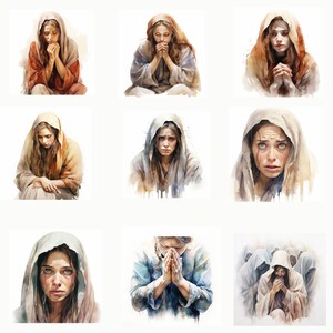 May include: A collection of nine watercolor paintings depicting a person in a hooded garment, with hands clasped in prayer. The person's expression conveys sorrow and contemplation. The color palette includes earthy tones and soft washes.