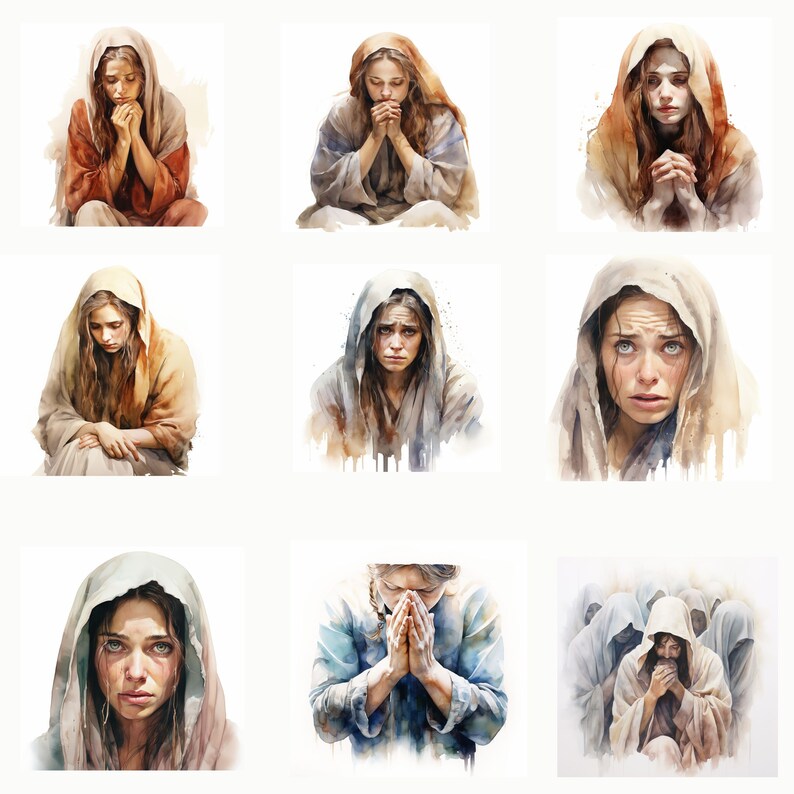 May include: A collection of nine watercolor paintings depicting a person in a hooded garment, with hands clasped in prayer. The person's expression conveys sorrow and contemplation. The color palette includes earthy tones and soft washes.