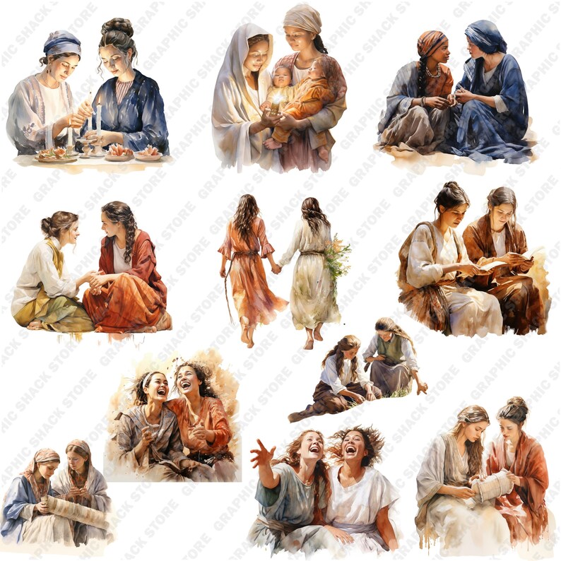 May include: A digital painting depicting nine scenes of women interacting with each other. The women are wearing a variety of clothing and are in different settings. The scenes are painted in a watercolour style and have a soft, dreamy feel.