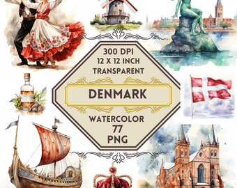 77 clipart PNG acquerello Danimarca, viaggi estivi in Danimarca, clipart di monumenti, clipart di viaggi da sogno per le vacanze scandinave, uso commerciale