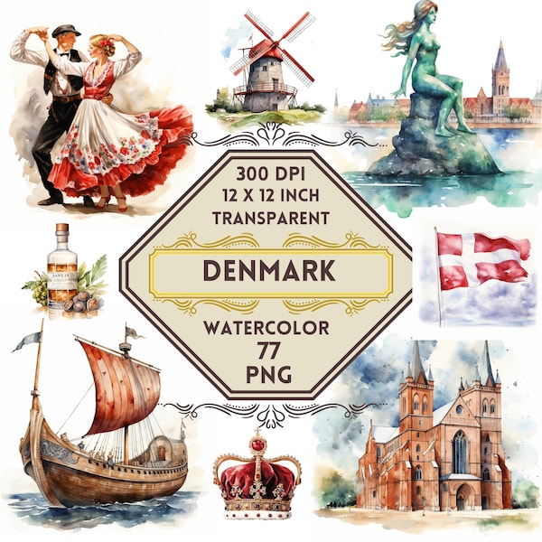77 Watercolor Denmark PNG ClipArt Bundle, Denmark Summer Travel, Landmark Clipart, Scandinavian Vacation Dream Travel Clipart Commercial Use