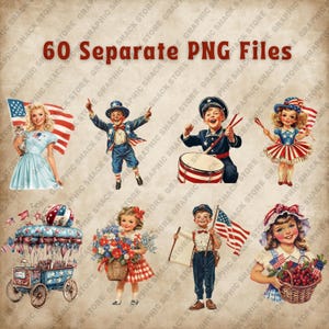 May include: Vintage-style digital graphics featuring patriotic themes. Includes illustrations of children in patriotic attire, American flags, and a festive parade float. The text "60 Separate PNG Files" is displayed at the top.