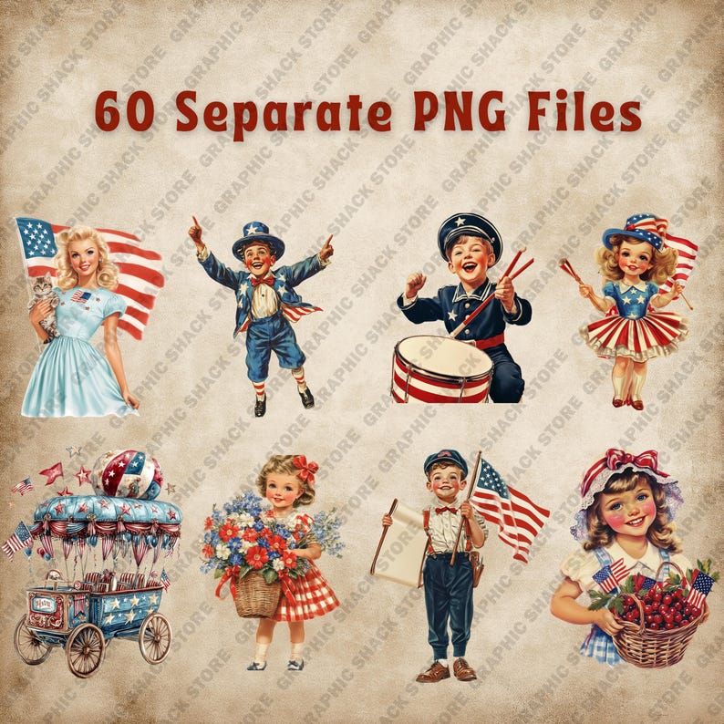 May include: Vintage-style digital graphics featuring patriotic themes. Includes illustrations of children in patriotic attire, American flags, and a festive parade float. The text "60 Separate PNG Files" is displayed at the top.