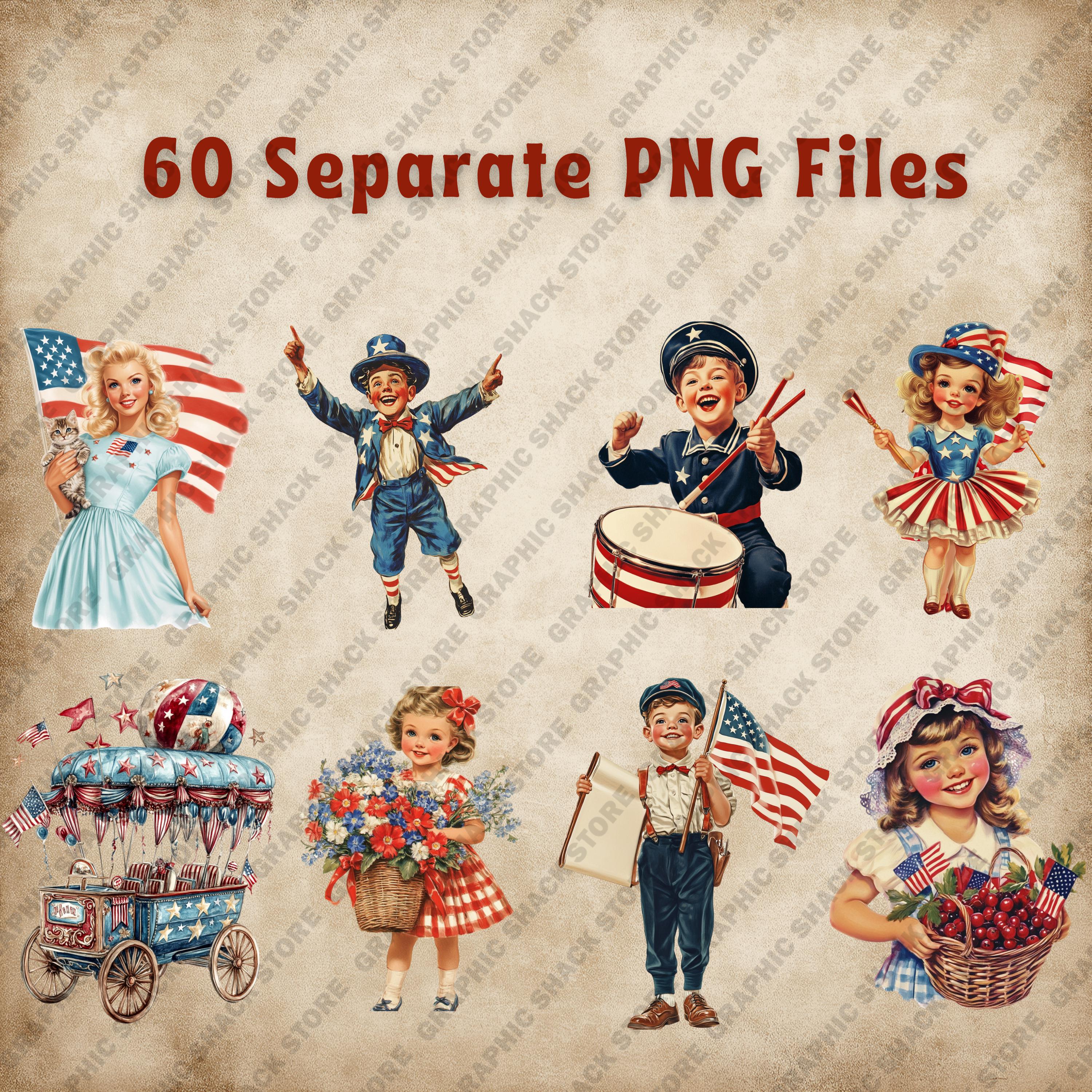 60x Antique Americana Clipart Bundle, Vintage 4th of July PNG, Retro ...