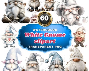 60x Watercolor White Gnome Cliparts -  Winter Whimsy Charming Gnome PNG Designs for Seasonal Crafts & Holiday Decor