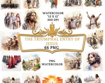 66 Watercolor The Triumphal Entry of Jesus Clipart | Christian Religious Bible Based Story For, Scrapbooking Junk journal Or Digital Print