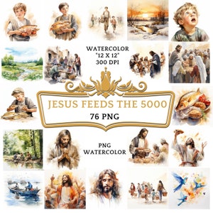 76 PNG Watercolor Jesus Feeds the 5000 Clipart | Christian Religious Bible Based Story For Sublimation, Sunday School Or Digital Print