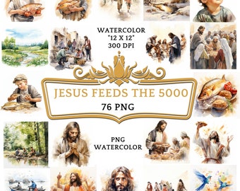 76 PNG Watercolor Jesus Feeds the 5000 Clipart | Christian Religious Bible Based Story For Sublimation, Sunday School Or Digital Print