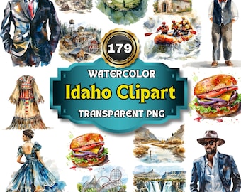 179 Watercolor Idaho PNG Clipart, Idaho The Gem State Wonders Scenic Landscapes and Cultural Icons for Art, Decor & Educational Projects