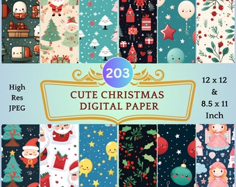 203 Cute Kawaii Christmas Digital Paper Set: Printable Cute Holiday Ephemera, Whimsical Noel Xmas Pages for Junk Journaling, Scrapbooking