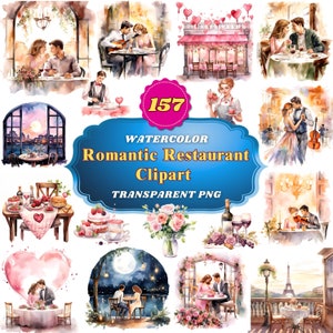 157 シックなバレンタイン ダイニング クリップアート、グルメ フード PNG、上品なデートの夜の画像、水彩画レストラン シーン デジタル ダウンロード ロマンチック プリント